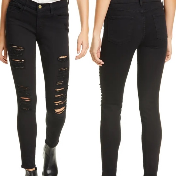 FRAME Le Skinny de Jeanne Crop Ripped Noir Size 27 - Picture 1 of 13